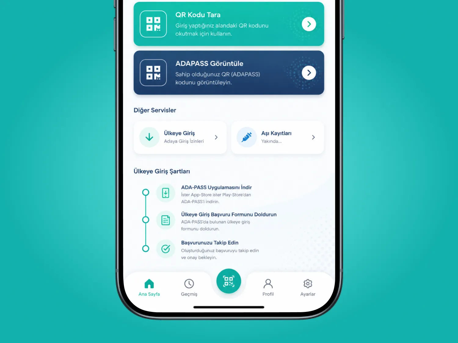 Adapass sağlık ve geçiş ekranları